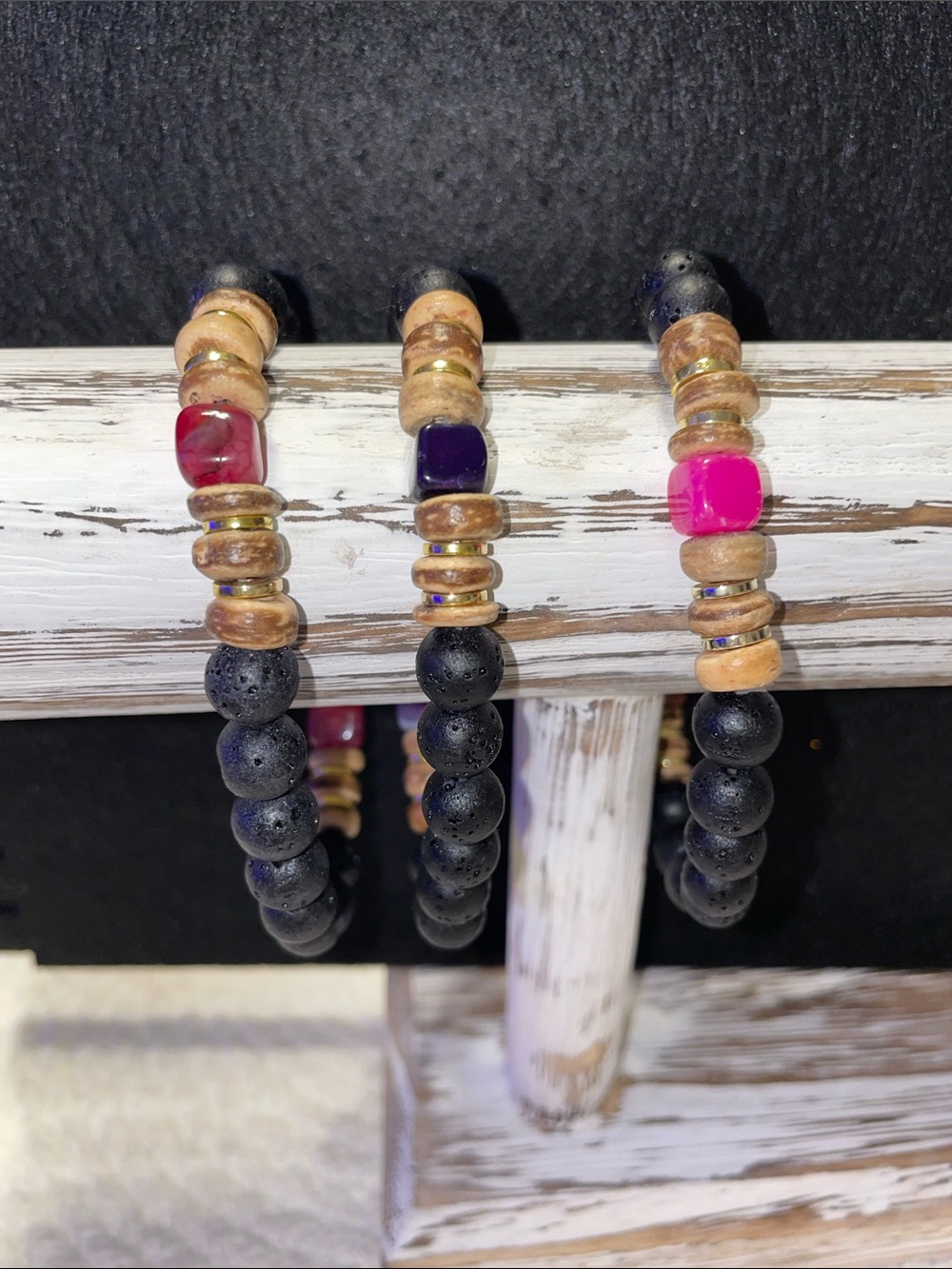 Women’s Black Lava Bead Bracelet with Pink Accent and Natural Wood Spacers